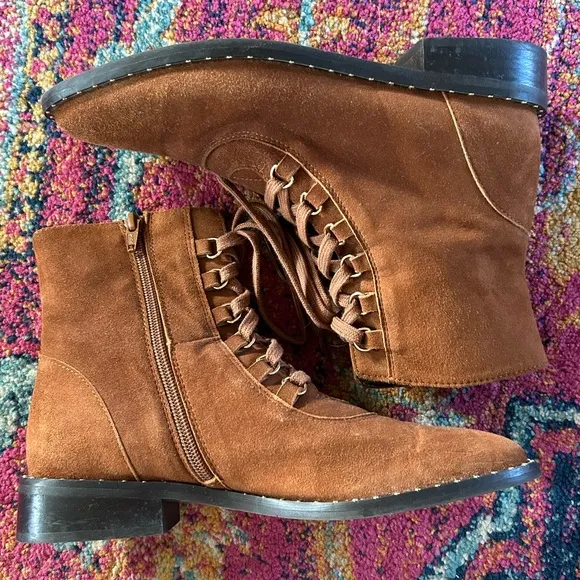 Anthropologie | Women’s Brown Suede Leather Lace Up Side Zip Ankle Boots, sz 8.5