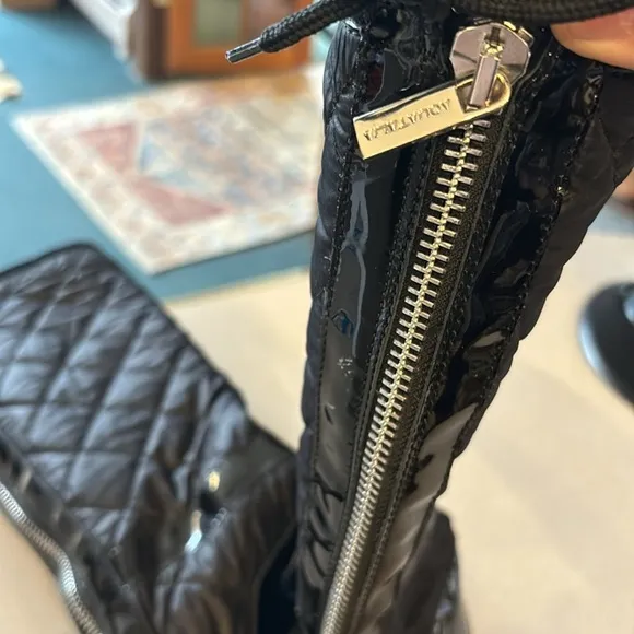 Aquatalia Black Quilted Patent Puffer Boots