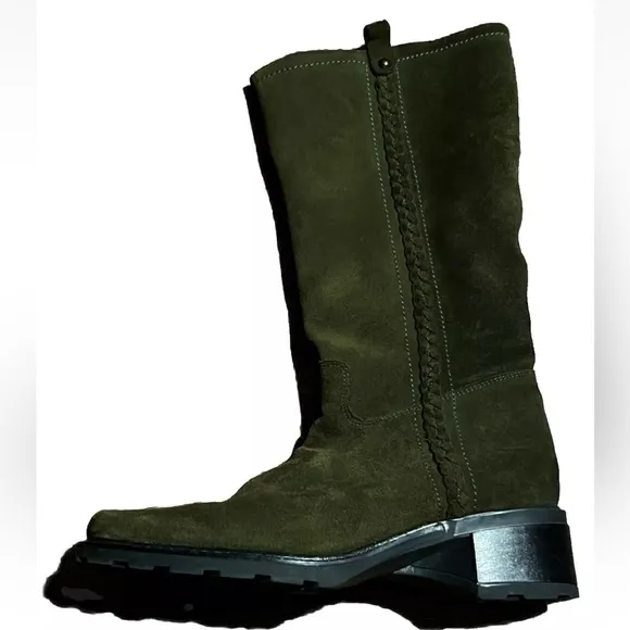 Aquatalia Romania Suede Olive Green Mid Calf Pull on Equestrian Ryder Boots 8.5