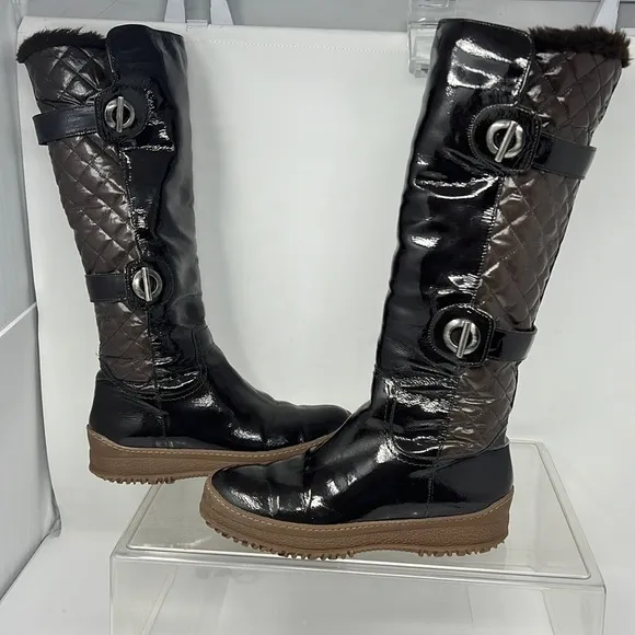 Aquatalia Sz 8 Avery Brown Patent Leather Nylon Quilted Warm Tall Winter Boots