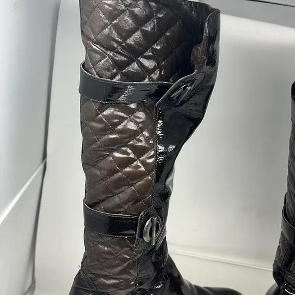 Aquatalia Sz 8 Avery Brown Patent Leather Nylon Quilted Warm Tall Winter Boots