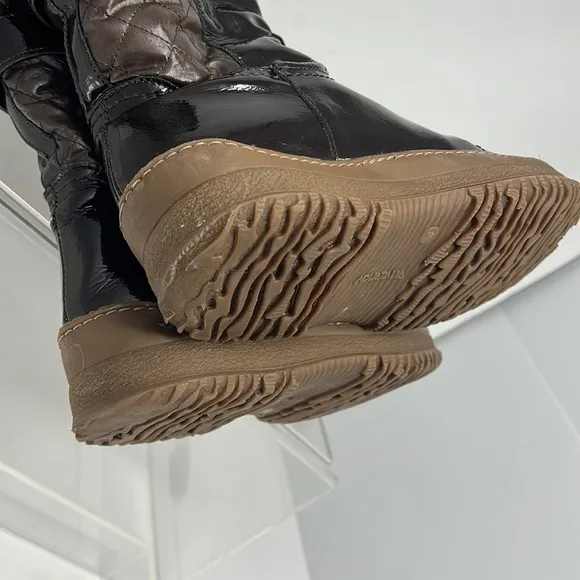 Aquatalia Sz 8 Avery Brown Patent Leather Nylon Quilted Warm Tall Winter Boots