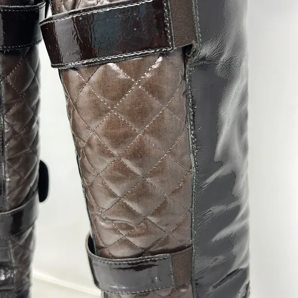 Aquatalia Sz 8 Avery Brown Patent Leather Nylon Quilted Warm Tall Winter Boots