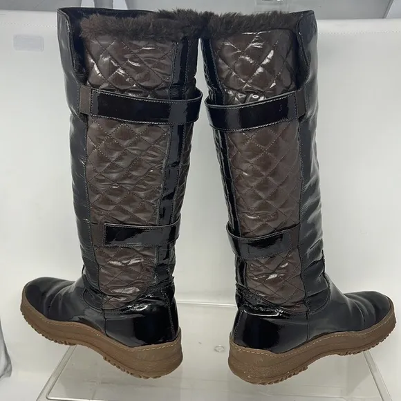 Aquatalia Sz 8 Avery Brown Patent Leather Nylon Quilted Warm Tall Winter Boots