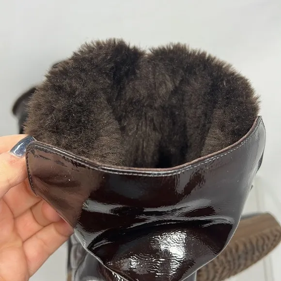 Aquatalia Sz 8 Avery Brown Patent Leather Nylon Quilted Warm Tall Winter Boots