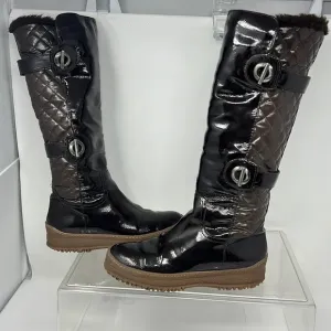 Aquatalia Sz 8 Avery Brown Patent Leather Nylon Quilted Warm Tall Winter Boots