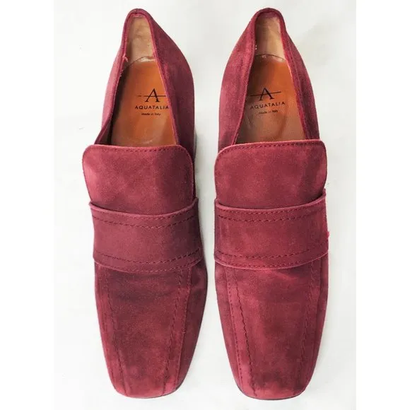 Aquatalia Womens Carmeline Maroon Heeled Suede Leather Loafers 8