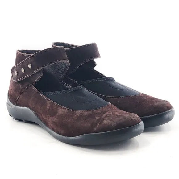 ARCHE Brown Nubuck Mary Jane Flats Ankle Strap Hook &amp; Loop Elastic