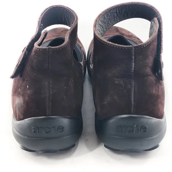 ARCHE Brown Nubuck Mary Jane Flats Ankle Strap Hook &amp; Loop Elastic