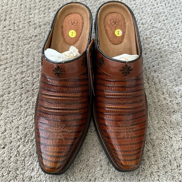 Ariat Desert Star Lizard Cognac Brown Leather Mules Size 7
