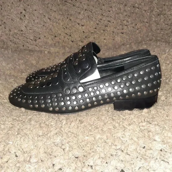 ASH-ONO-Black Leather-Silver Studded Loafers-Size 36-5.5-New In Box/Dustbag