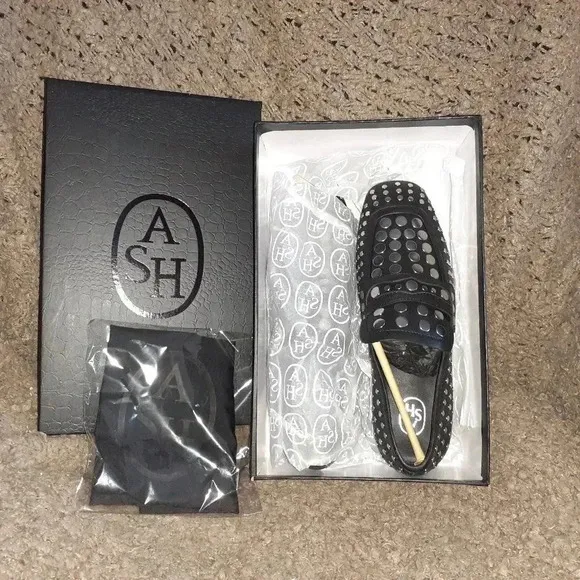 ASH-ONO-Black Leather-Silver Studded Loafers-Size 36-5.5-New In Box/Dustbag
