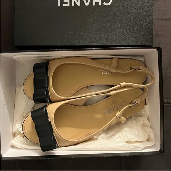 Authentic Chanel peep toe sling back bow flats w/ original box
