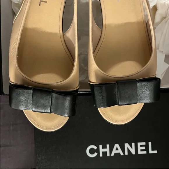 Authentic Chanel peep toe sling back bow flats w/ original box