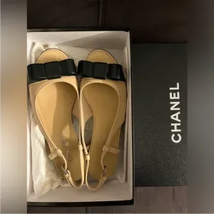 Authentic Chanel peep toe sling back bow flats w/ original box