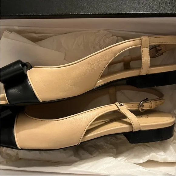 Authentic Chanel peep toe sling back bow flats w/ original box