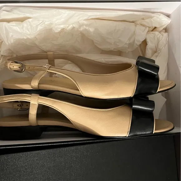 Authentic Chanel peep toe sling back bow flats w/ original box