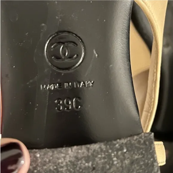 Authentic Chanel peep toe sling back bow flats w/ original box