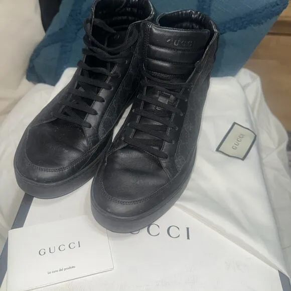 Authentic GUCCI Guccisima GG Supreme Black Leather Men’s Size 8.5 Box Dust Cover