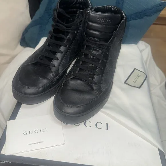 Authentic GUCCI Guccisima GG Supreme Black Leather Men’s Size 8.5 Box Dust Cover