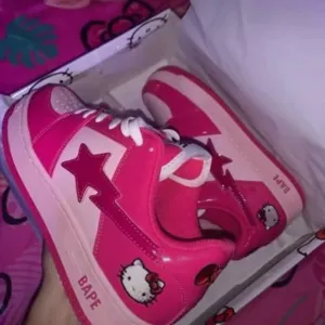 Bape Pink and White Sneakers with Hello Kitty Design