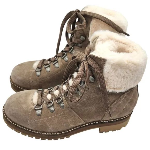 BARBOUR Lula Taupe Suede Lug Sole Ankle Boots US7 UK5 Faux Fur Lace Up Hiking