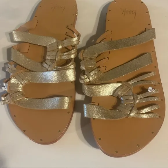 Beek Puffbird Slides Flat Sandals Leather Metallic Gold Strap Womens Size 8 NWOT