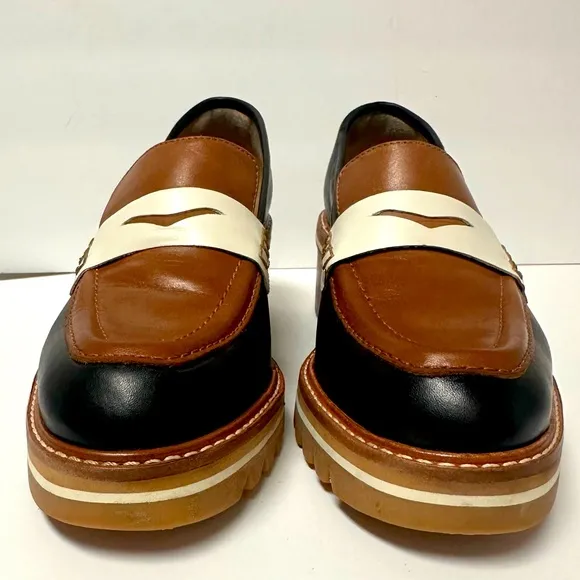 Bernardo Women’s Leather Loafers Brown Black Platform Chunky Heel Monk Strap EUC