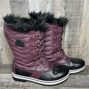 Big Kids Girls Sorel Tofino II Plum Purple Faux Fur Quilted Snow Boots Size 5 Y