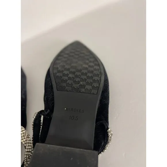 Birdies 10.5 The Swan Velvet Black Cavier Flats Silver Gem Rhinestone Strap