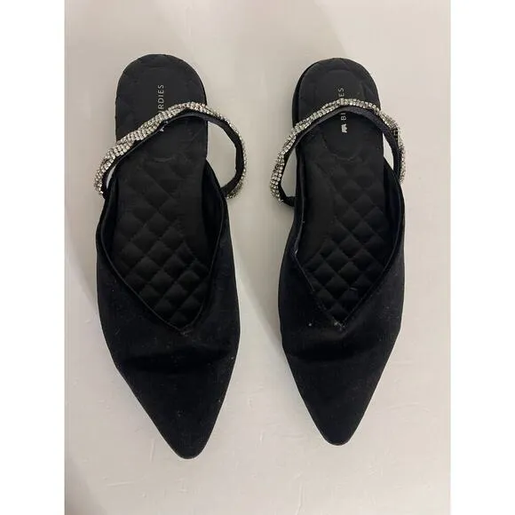 Birdies 10.5 The Swan Velvet Black Cavier Flats Silver Gem Rhinestone Strap