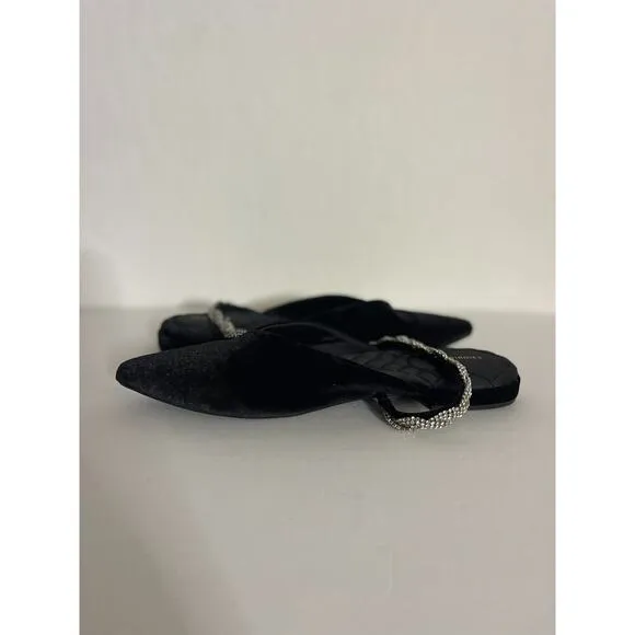 Birdies 10.5 The Swan Velvet Black Cavier Flats Silver Gem Rhinestone Strap