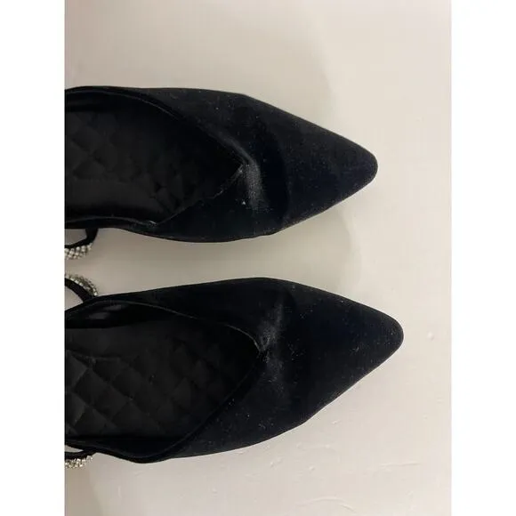 Birdies 10.5 The Swan Velvet Black Cavier Flats Silver Gem Rhinestone Strap