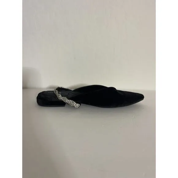 Birdies 10.5 The Swan Velvet Black Cavier Flats Silver Gem Rhinestone Strap