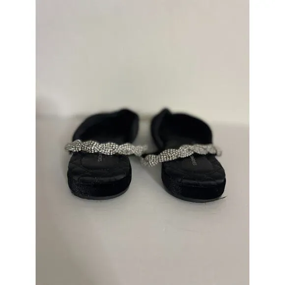Birdies 10.5 The Swan Velvet Black Cavier Flats Silver Gem Rhinestone Strap