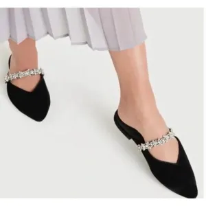 Birdies 10.5 The Swan Velvet Black Cavier Flats Silver Gem Rhinestone Strap