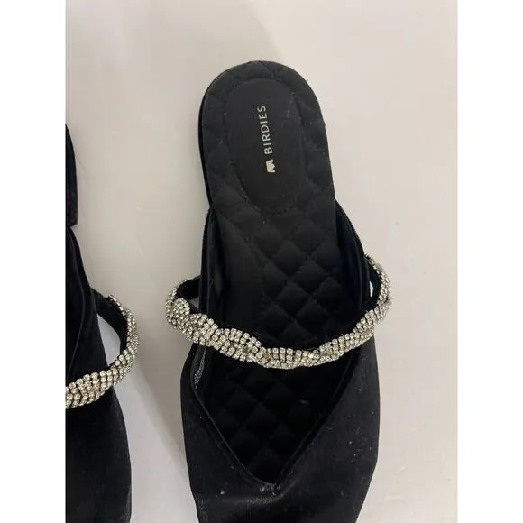 Birdies 10.5 The Swan Velvet Black Cavier Flats Silver Gem Rhinestone Strap