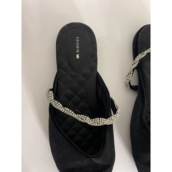 Birdies 10.5 The Swan Velvet Black Cavier Flats Silver Gem Rhinestone Strap
