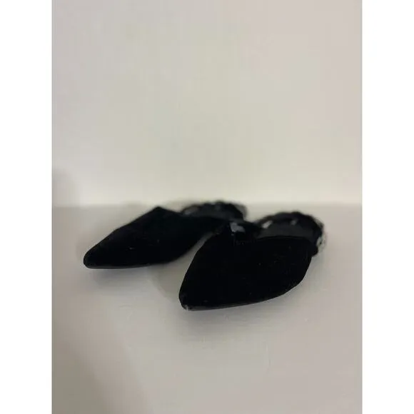 Birdies 10.5 The Swan Velvet Black Cavier Flats Silver Gem Rhinestone Strap