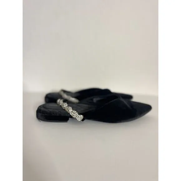 Birdies 10.5 The Swan Velvet Black Cavier Flats Silver Gem Rhinestone Strap