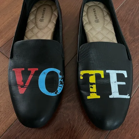 BIRDIES Limited Edition VOTE black leather loafers flats Womens Sz 7.5