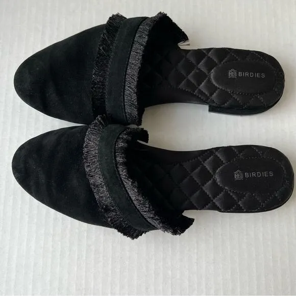 Birdies The Ani Fringe Suede Leather Asymmetric Slip-On Mule Slides Black US 8