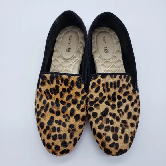 Birdies Women US 6 Leopard Print calf hair brown black Loafers quilted insole