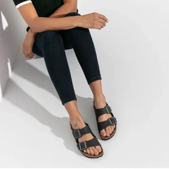 Birkenstock Women’s Sz 6.5 Black Arizona Sandal Slides Double Buckle Birko-Flor