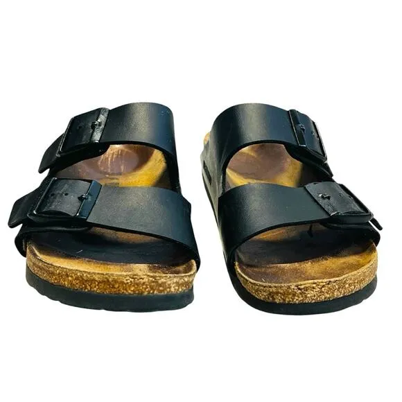 Birkenstock Women’s Sz 6.5 Black Arizona Sandal Slides Double Buckle Birko-Flor