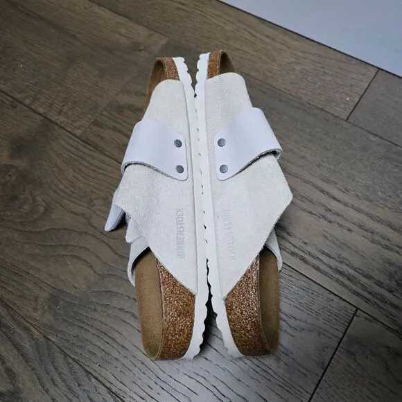 Birkenstock Kyoto Suede Touch Strap Slides in Antique White 40