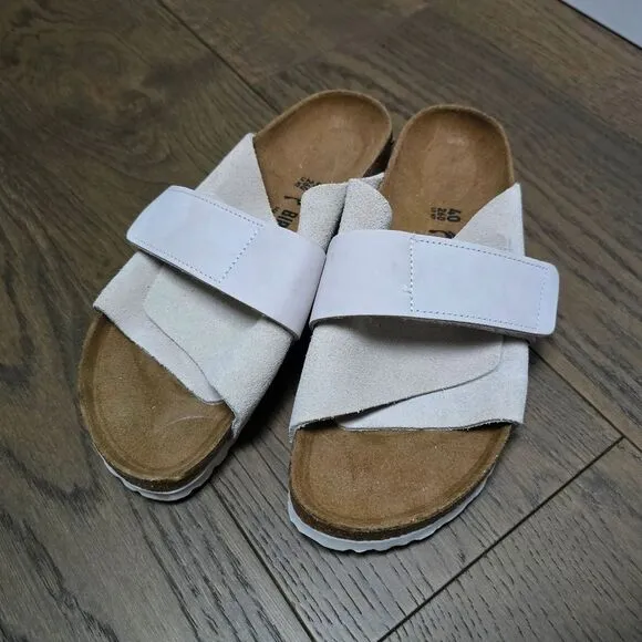 Birkenstock Kyoto Suede Touch Strap Slides in Antique White 40