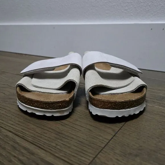 Birkenstock Kyoto Suede Touch Strap Slides in Antique White 40