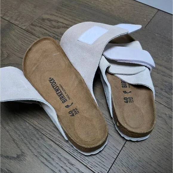 Birkenstock Kyoto Suede Touch Strap Slides in Antique White 40