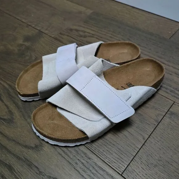 Birkenstock Kyoto Suede Touch Strap Slides in Antique White 40